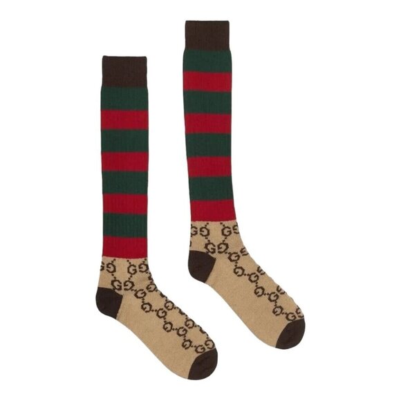 NEW GUCCI GG Striped Wool Socks Web GG Brown Green Red 100% Authentic Size M - Picture 1 of 6